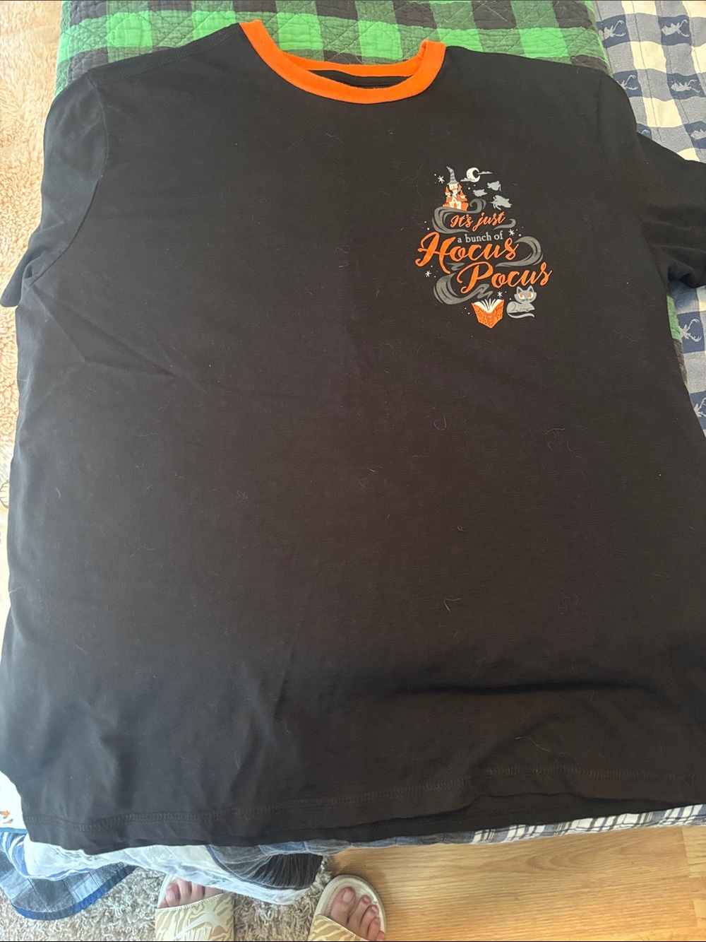Women's Black Short Sleeve Tee with Orange Trim - Hocus Pocus Graphic